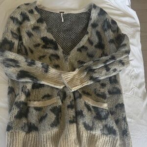 Free People Black and Cream Leopard Cardigan